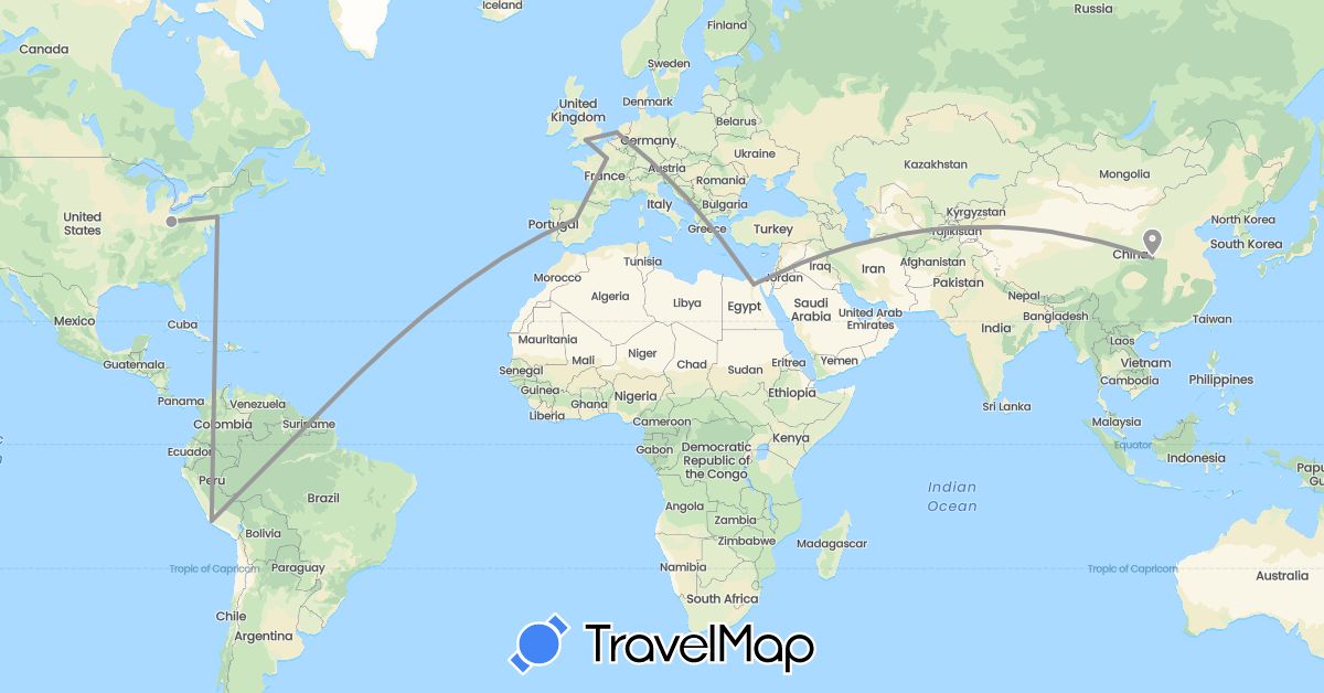 TravelMap itinerary: plane in China, Egypt, Spain, France, United Kingdom, Netherlands, Peru, United States (Africa, Asia, Europe, North America, South America)